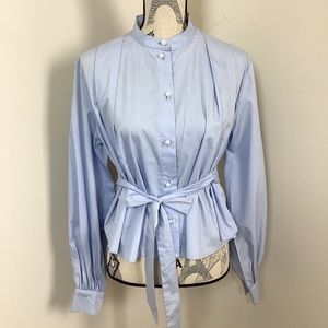 H&M Women’s Blue Chinese Collar Long Sleeves Pearl Buttons Tapered Back